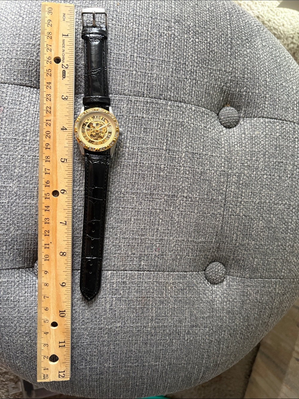 Men's Gold Skeleton Dial Dress Watch with Black Leather Strap